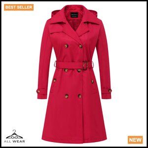 Long Trench Coat Double-Breasted Slim Fit Classic Lapel Detachable Hood